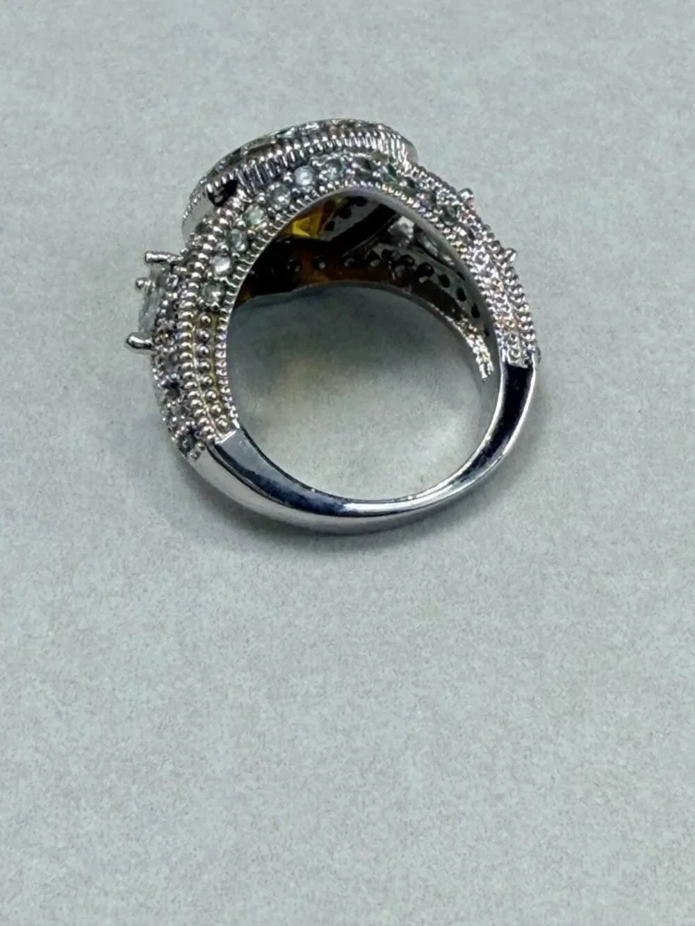 Silver Tone Citrine Glass Cocktail Ring Statement Vintage Style
